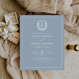 Budget Dusty Blue Monogram Wedding Invitation