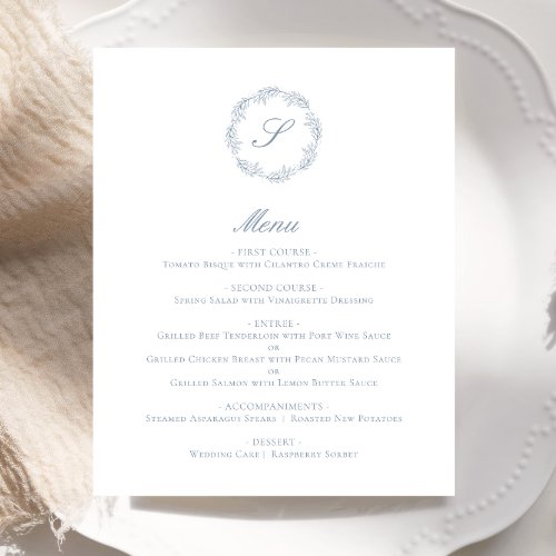 Budget Dusty Blue Monogram Wreath Wedding Menu