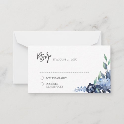 BUDGET Dusty Blue Navy Floral Wedding RSVP Note Card