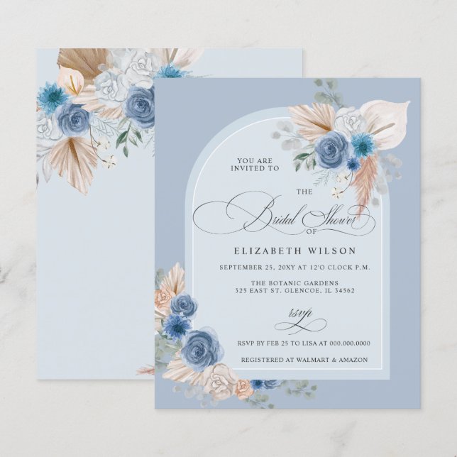 Budget Dusty Blue Pampas Bridal Shower Invitation (Front/Back)