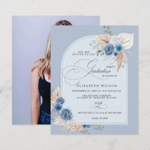 Budget Dusty Blue Pampas Photo Graduation Invite