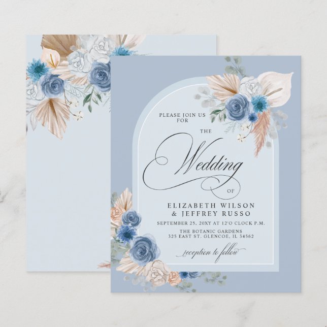 Budget Dusty Blue Pampas Wedding Invitation (Front/Back)
