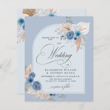 Budget Dusty Blue Pampas Wedding Invitation