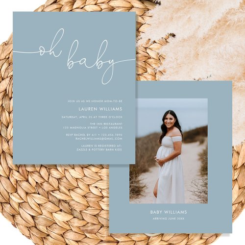 Budget Dusty Blue Photo Baby Shower Invitation