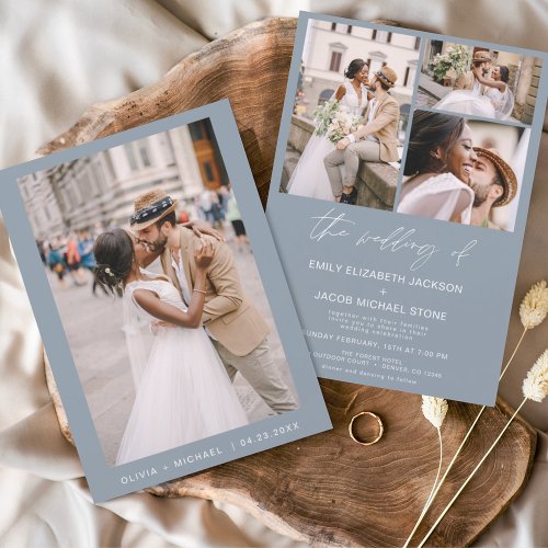 Budget Dusty Blue Photo Wedding Invitation