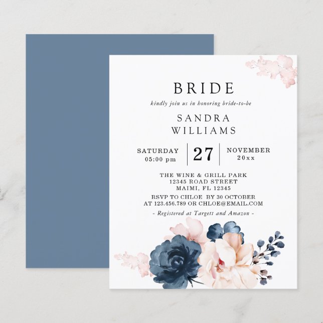 Budget Dusty Blue Pink Floral Bridal Shower Flayer (Front/Back)