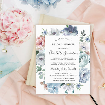 Budget Dusty Blue Pink Floral Bridal Shower Invite by Celebrais at Zazzle