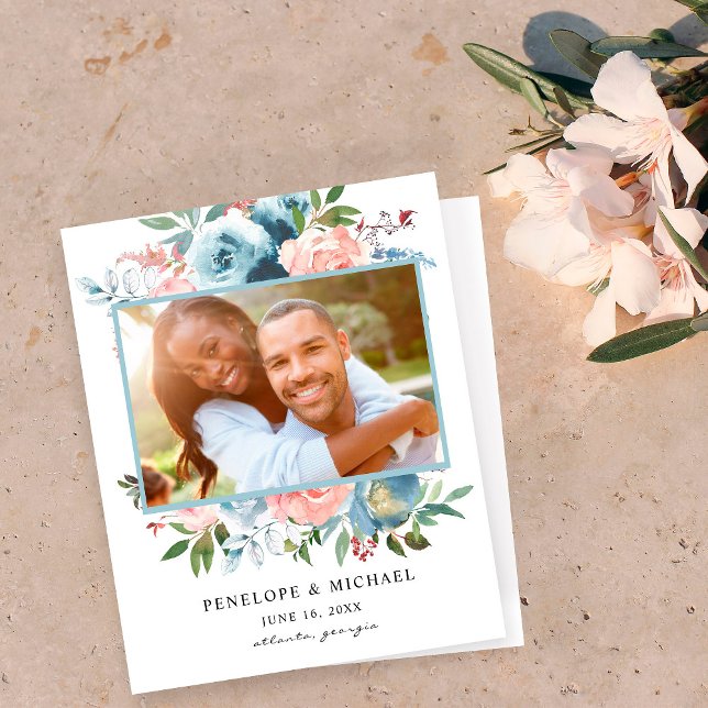 Budget Dusty Blue Pink Floral Save the Date (Creator Uploaded)