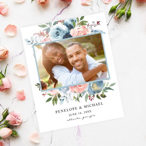 Budget Dusty Blue Pink Floral Save the Date Photo Flyer