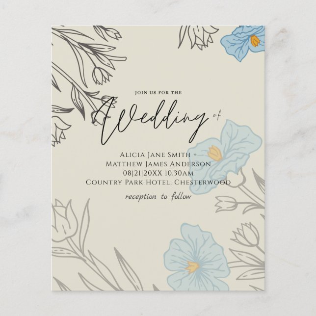 BUDGET Dusty Blue Poppy Magnolia Wedding Invite (Front)
