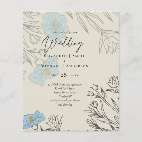 BUDGET Dusty Blue Poppy Magnolia Wedding Invite