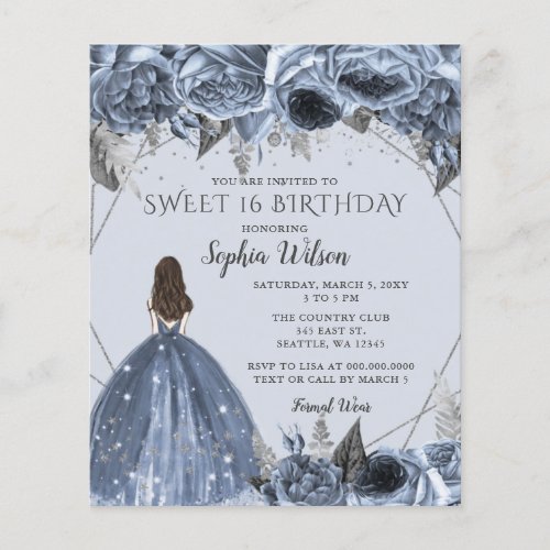 Budget Dusty Blue Princess Sweet 16 Invitation