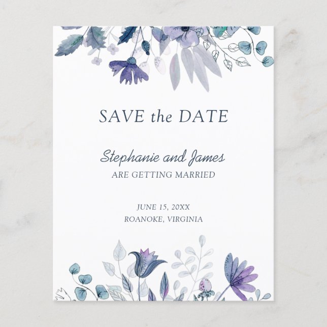 Budget Dusty Blue Purple Floral Save the Date Card (Front)