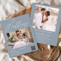 Budget Dusty Blue QR Code Photo Wedding Invitation Flyer