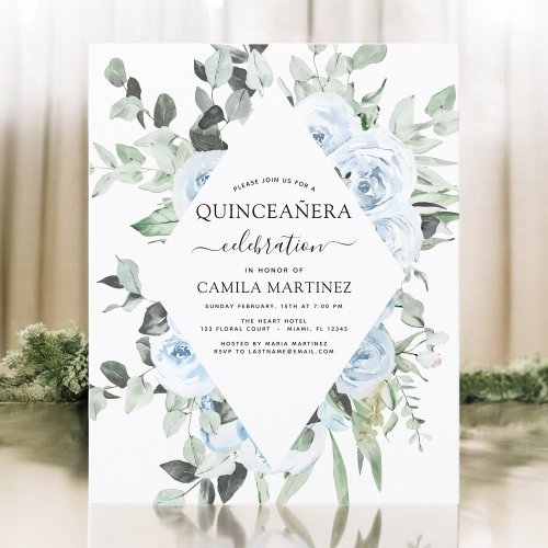 Budget Dusty Blue Quinceaera Floral Invitation