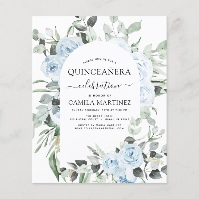 Budget Dusty Blue Quinceañera Floral Invitation Flyer (Front)