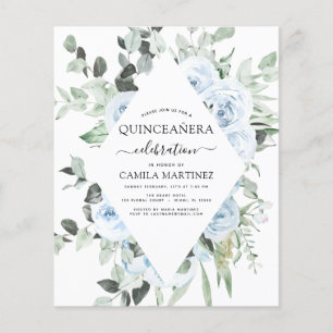 Budget Dusty Blue Quinceañera Floral Invitation Flyer