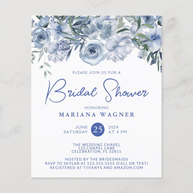 Budget Dusty Blue Romantic Floral Bridal Shower (Front)