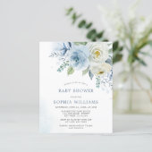 Budget Dusty Blue Rose Baby Shower Invitation (Standing Front)