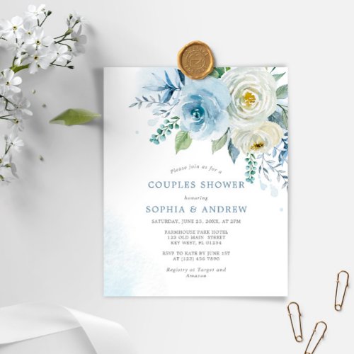 Budget Dusty Blue Rose Couples Shower Invitation