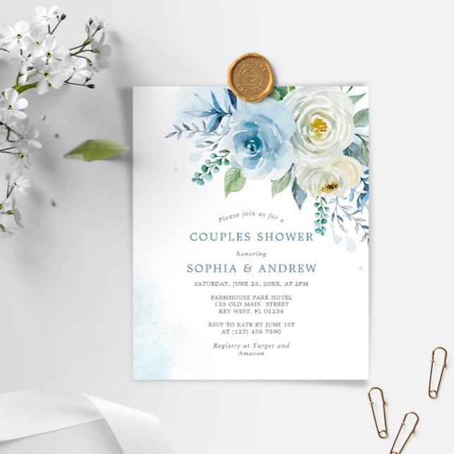 Budget Dusty Blue Rose Couples Shower Invitation (Creator Uploaded)