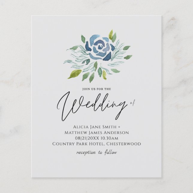 Budget Dusty Blue Sage Green Floral Wedding Invite (Front)