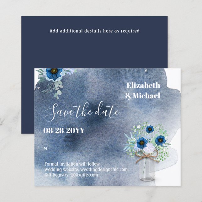 BUDGET Dusty Blue Save Dates Monochromatic Wedding (Front/Back)