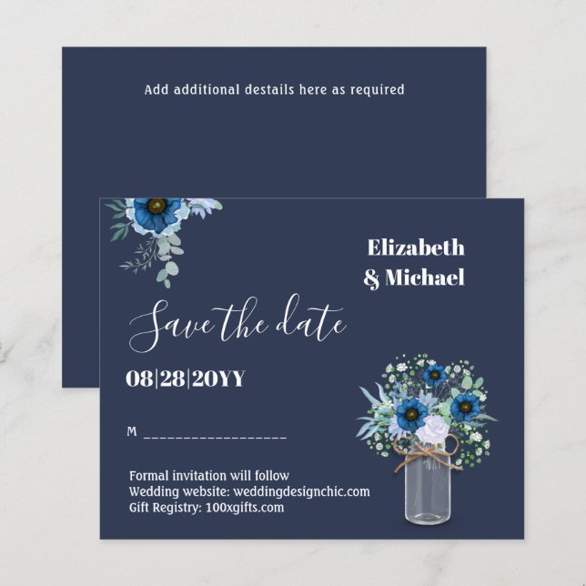 BUDGET Dusty Blue Save Dates Monochromatic Wedding (Front/Back)