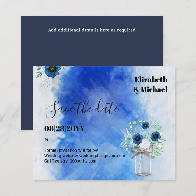 BUDGET Dusty Blue Save Dates Monochromatic Wedding (Front/Back)
