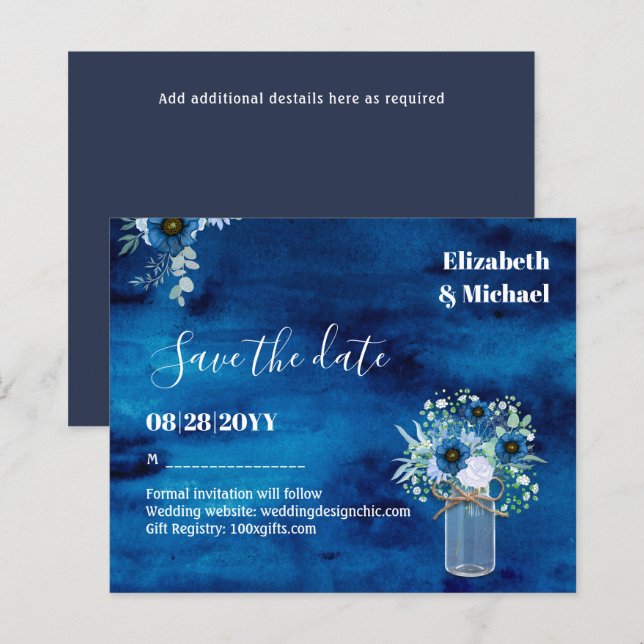 BUDGET Dusty Blue Save Dates Monochromatic Wedding (Front/Back)
