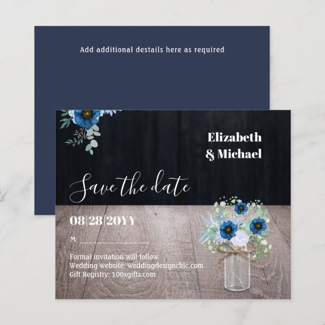 BUDGET Dusty Blue Save Dates Rustic Wedding (Front/Back)