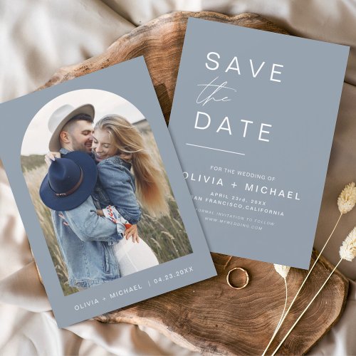 Budget Dusty Blue Save the Date Photo Announcement