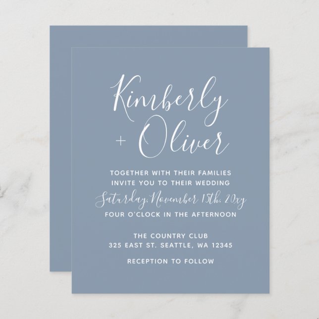 Budget Dusty Blue Script Wedding Invitation (Front/Back)