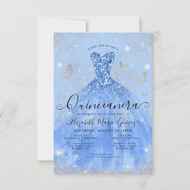 Budget Dusty Blue Silver Glitter Gown Quinceanera Note Card (Front)