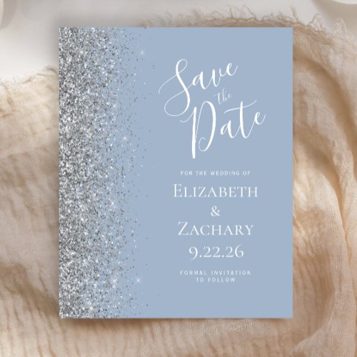 Budget Dusty Blue Silver Glitter Save the Date
