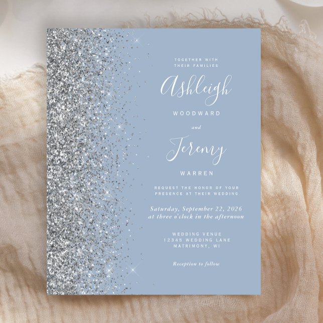 Budget Dusty Blue Silver Glitter Wedding Invite (Creator Uploaded)