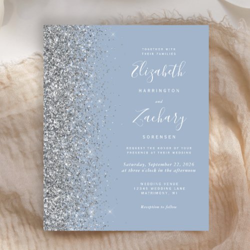 Budget Dusty Blue Silver Glitter Wedding Invite