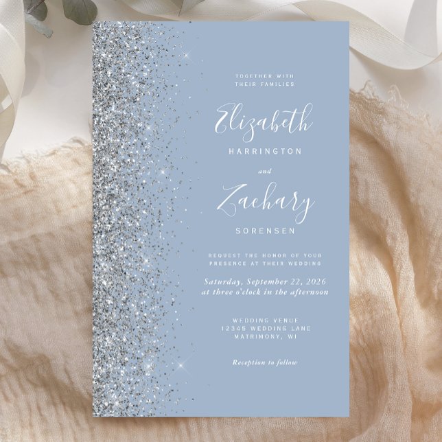 Budget Dusty Blue Silver Glitter Wedding Invite (Creator Uploaded)