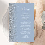 Budget Dusty Blue Silver Glitter Wedding Menu<br><div class="desc">The left-hand edge of this elegant modern wedding menu features a silver faux glitter border. The customizable text combines white handwriting script and copperplate fonts on a dusty blue background. The reverse side features a matching dusty blue and silver glitter design.</div>