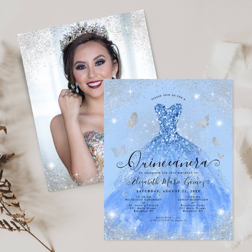 Budget Dusty Blue Silver Gown Photo Quinceanera