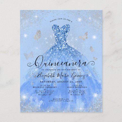 Budget Dusty Blue Silver Gown Quinceanera Invite