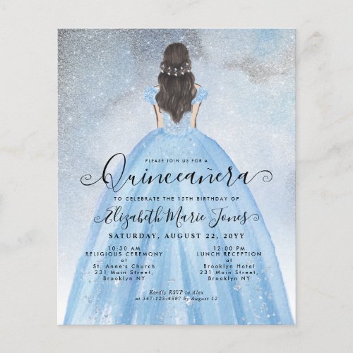 Budget Dusty Blue Silver Princess Quinceaera Card