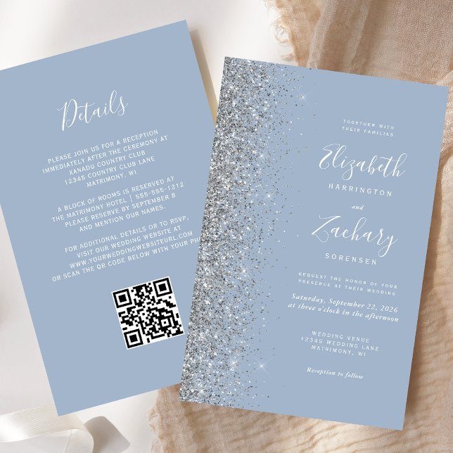Budget Dusty Blue Silver QR Code Wedding Invite (Creator Uploaded)