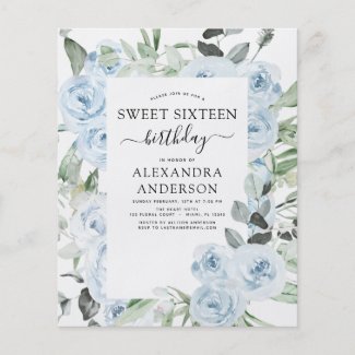 Budget Dusty Blue Sweet Sixteen Birthday Party Flyer