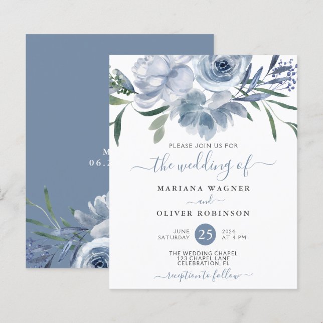 Budget Dusty Blue Watercolor Floral Wedding (Front/Back)