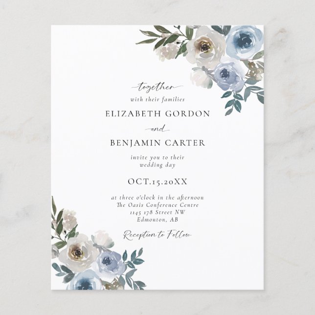 Budget Dusty Blue Wedding Floral Elegant Script (Front)