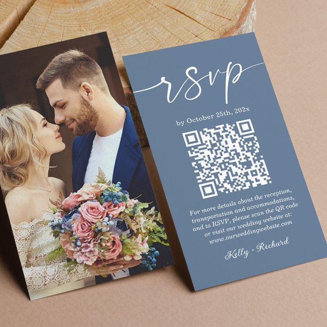 Budget Dusty Blue Wedding Online RSVP QR Code Enclosure Card (Creator Uploaded)