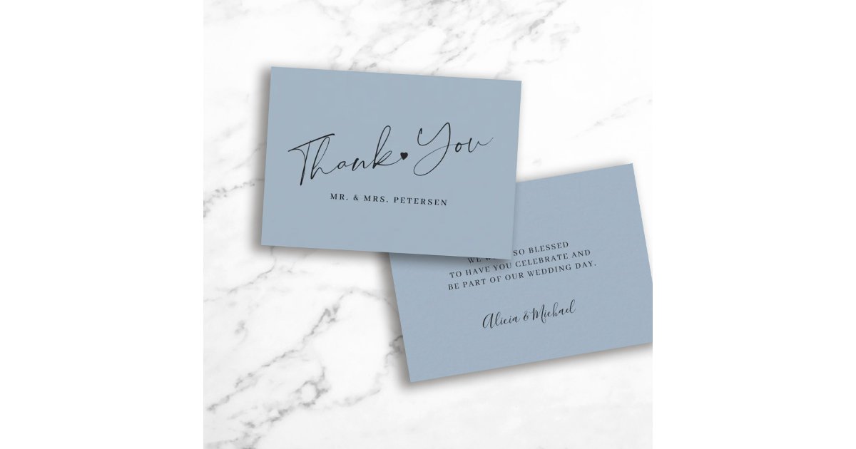 Budget dusty blue wedding thank you script note card | Zazzle