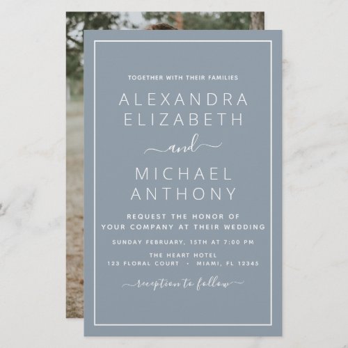 Budget Dusty Blue Wedding with Photo Invitation