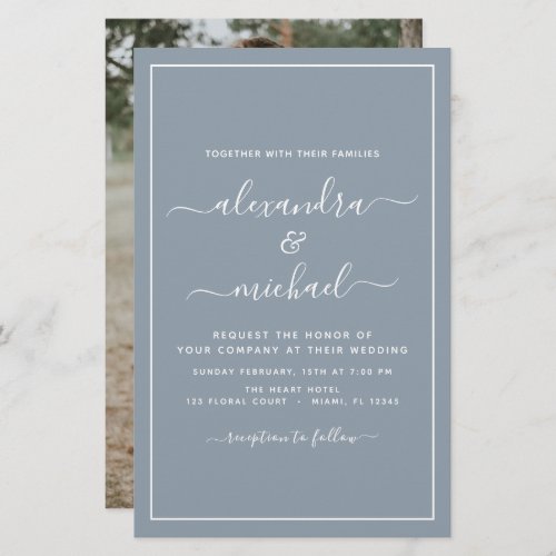 Budget Dusty Blue Wedding with Photo Invitation